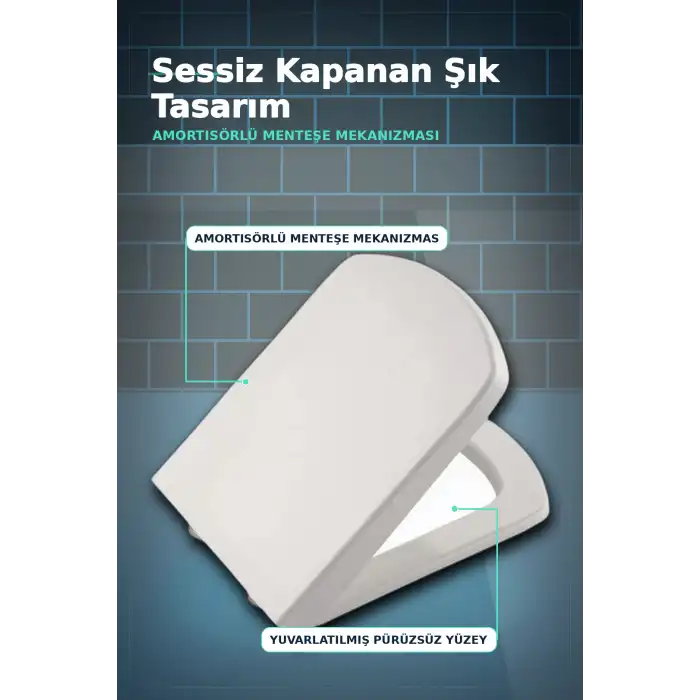 Sessiz Amortisörlü 44x35 cm Beyaz Kare Klozet Kapağı - Yavaş Kapanan Mekanizma BX-313437
