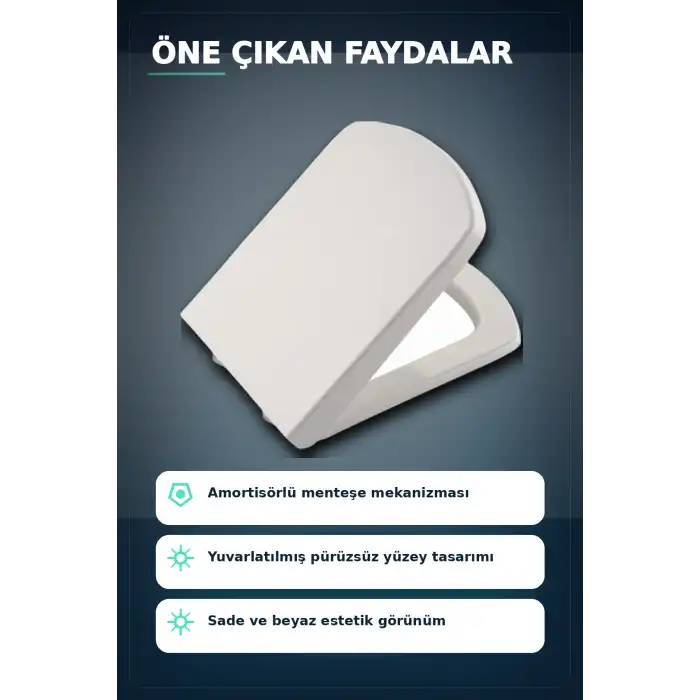 Sessiz Amortisörlü 44x35 cm Beyaz Kare Klozet Kapağı - Yavaş Kapanan Mekanizma BX-313437