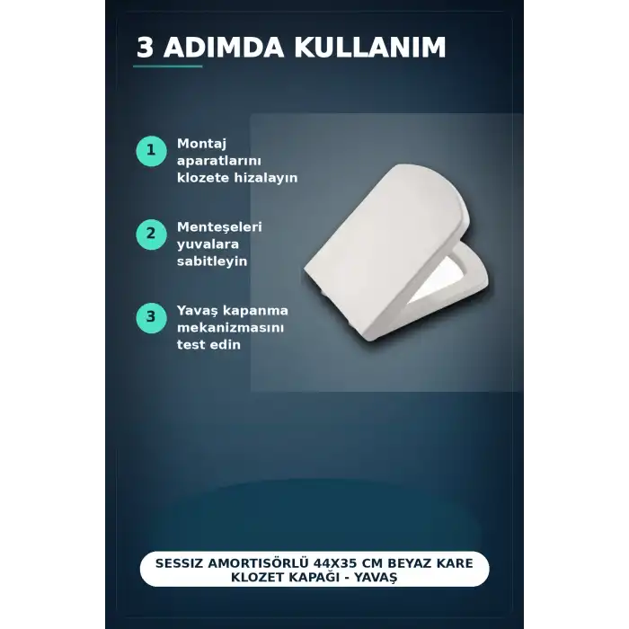 Sessiz Amortisörlü 44x35 cm Beyaz Kare Klozet Kapağı - Yavaş Kapanan Mekanizma BX-313437