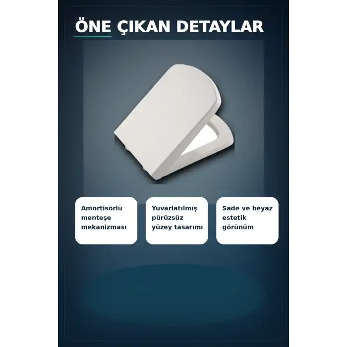Sessiz Amortisörlü 44x35 cm Beyaz Kare Klozet Kapağı - Yavaş Kapanan Mekanizma BX-313437