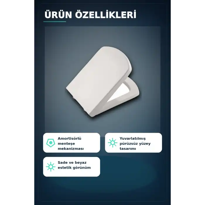 Sessiz Amortisörlü 44x35 cm Beyaz Kare Klozet Kapağı - Yavaş Kapanan Mekanizma BX-313437