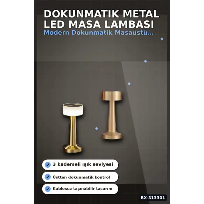 Dokunmatik Metal Gövdeli 3 Kademeli LED Masa Lambası - USB Şarjlı Tekli Paket BX-313301