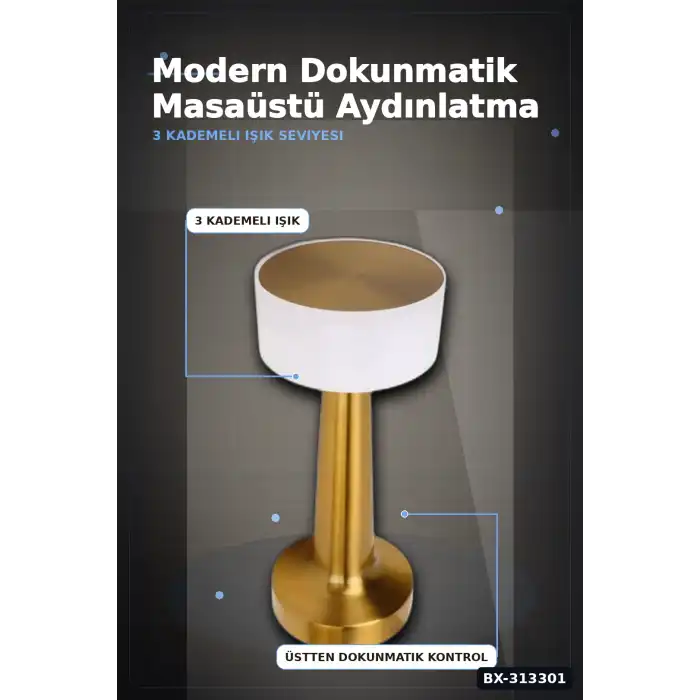 Dokunmatik Metal Gövdeli 3 Kademeli LED Masa Lambası - USB Şarjlı Tekli Paket BX-313301