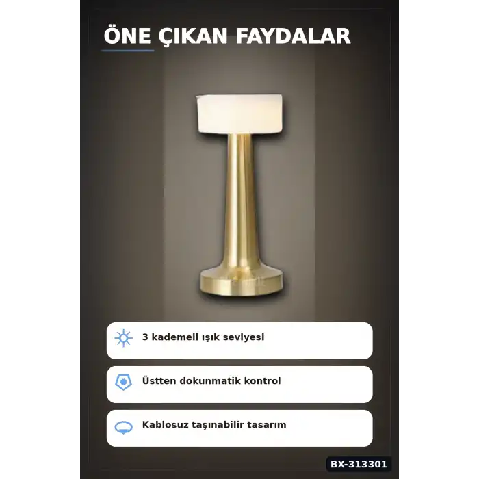 Dokunmatik Metal Gövdeli 3 Kademeli LED Masa Lambası - USB Şarjlı Tekli Paket BX-313301