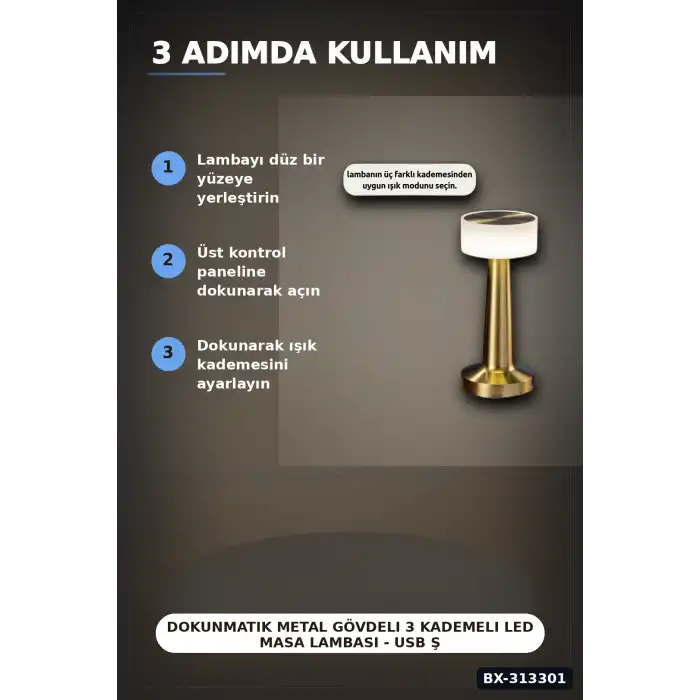 Dokunmatik Metal Gövdeli 3 Kademeli LED Masa Lambası - USB Şarjlı Tekli Paket BX-313301