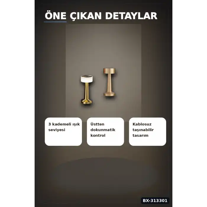 Dokunmatik Metal Gövdeli 3 Kademeli LED Masa Lambası - USB Şarjlı Tekli Paket BX-313301