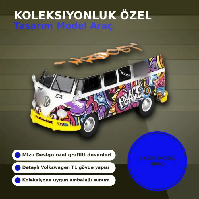 1/64 Ölçekli Volkswagen T1 Minibüs Diecast Model Araba - Koleksiyonluk Mizu Design