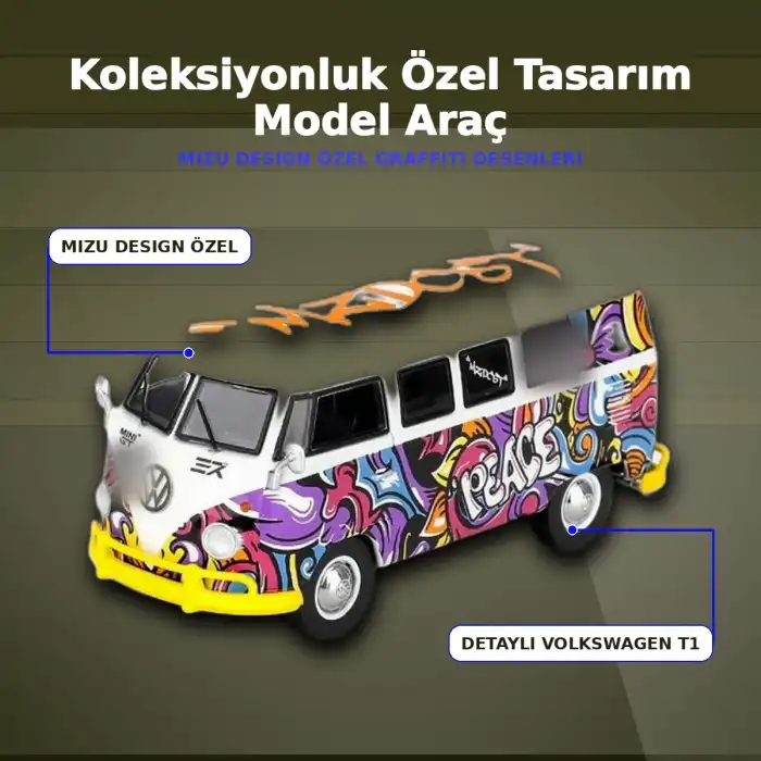 1/64 Ölçekli Volkswagen T1 Minibüs Diecast Model Araba - Koleksiyonluk Mizu Design
