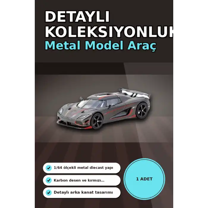 1/64 Siyah Karbon Fiber Kırmızı Detaylı Koenigsegg Agera RS Diecast Model Araba BX-313337