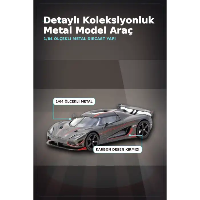 1/64 Siyah Karbon Fiber Kırmızı Detaylı Koenigsegg Agera RS Diecast Model Araba BX-313337