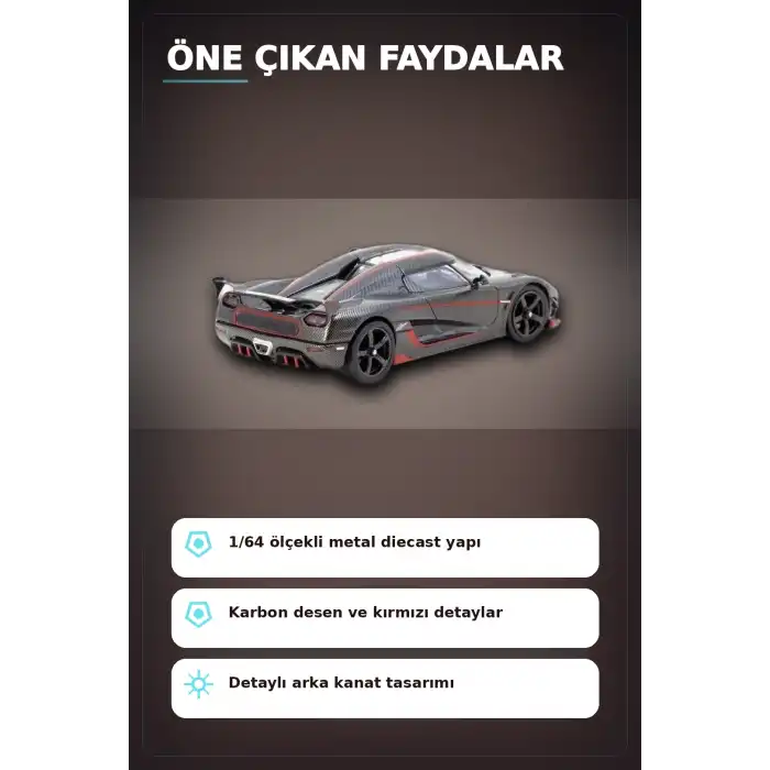 1/64 Siyah Karbon Fiber Kırmızı Detaylı Koenigsegg Agera RS Diecast Model Araba BX-313337