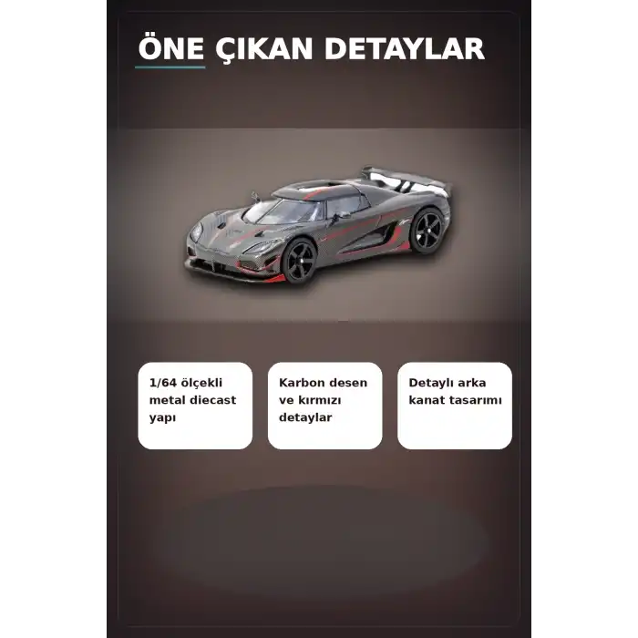 1/64 Siyah Karbon Fiber Kırmızı Detaylı Koenigsegg Agera RS Diecast Model Araba BX-313337