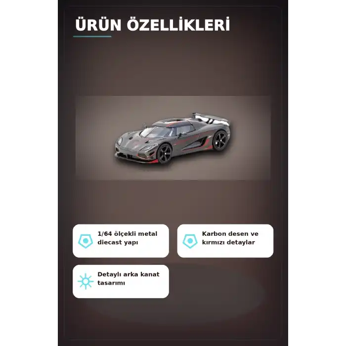 1/64 Siyah Karbon Fiber Kırmızı Detaylı Koenigsegg Agera RS Diecast Model Araba BX-313337