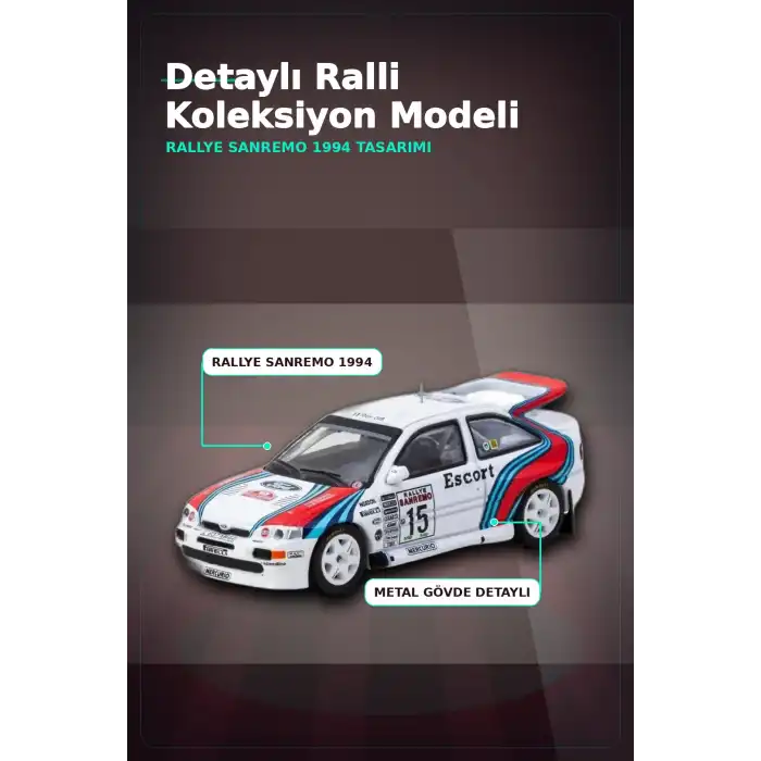 1/64 Metal Ford Escort RS Cosworth WRC 1994 Sanremo Maketi - Koleksiyonluk Model BX-313345