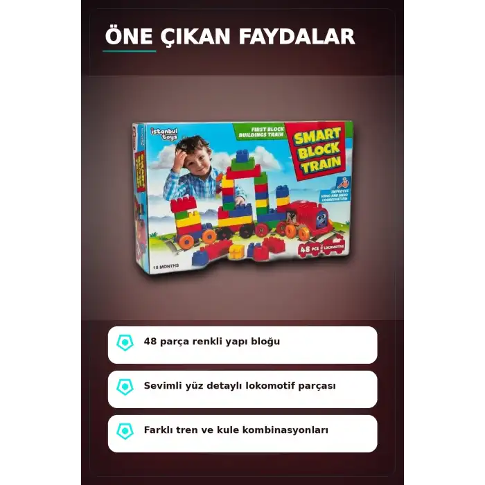 48 Parça Yapı Bloklu Tren - Çocuklar İçin Eğitici İnşa Seti, 54 mm Parça Boyu BX-313368