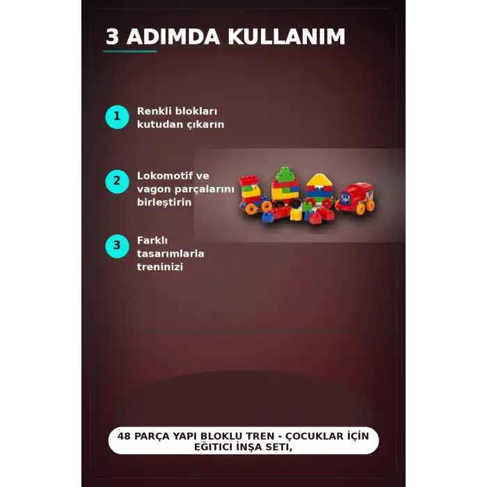 48 Parça Yapı Bloklu Tren - Çocuklar İçin Eğitici İnşa Seti, 54 mm Parça Boyu BX-313368