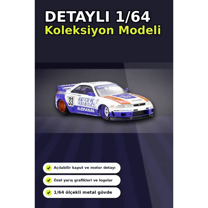 Özel Boya Kaplamalı 1/64 Ölçek Nissan Skyline GT-R R33 Diecast Model Araba BX-313372