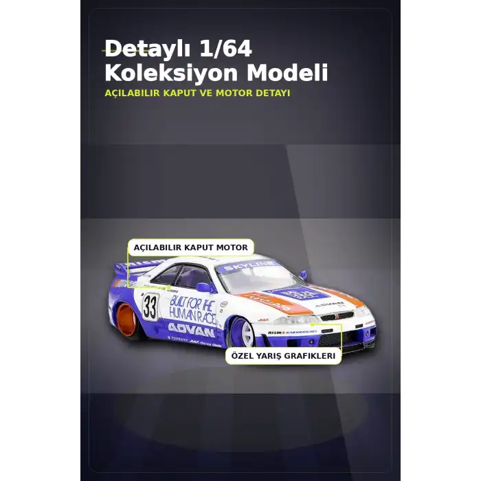 Özel Boya Kaplamalı 1/64 Ölçek Nissan Skyline GT-R R33 Diecast Model Araba BX-313372