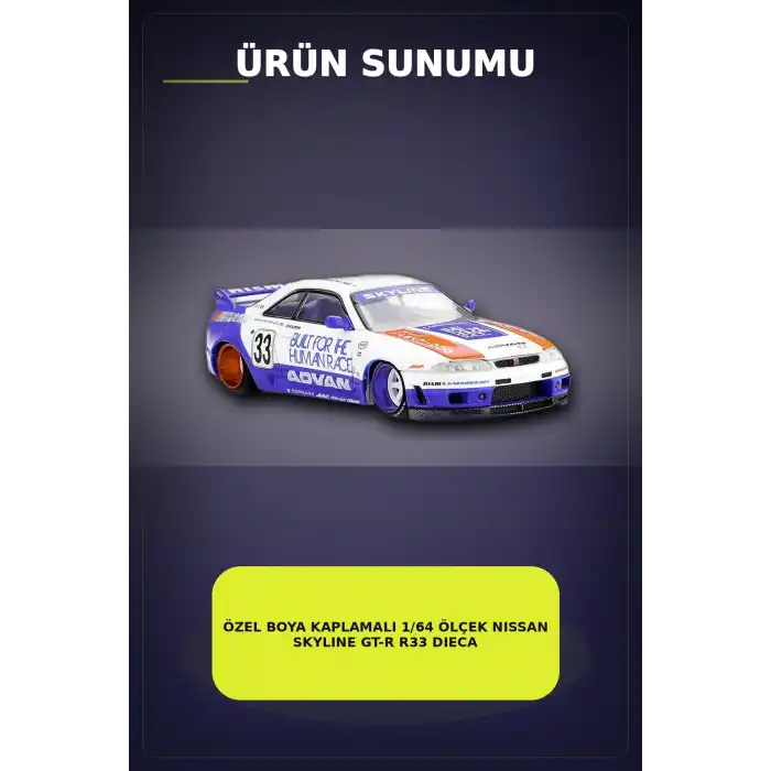 Özel Boya Kaplamalı 1/64 Ölçek Nissan Skyline GT-R R33 Diecast Model Araba BX-313372