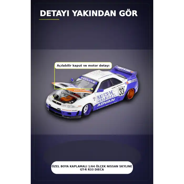 Özel Boya Kaplamalı 1/64 Ölçek Nissan Skyline GT-R R33 Diecast Model Araba BX-313372