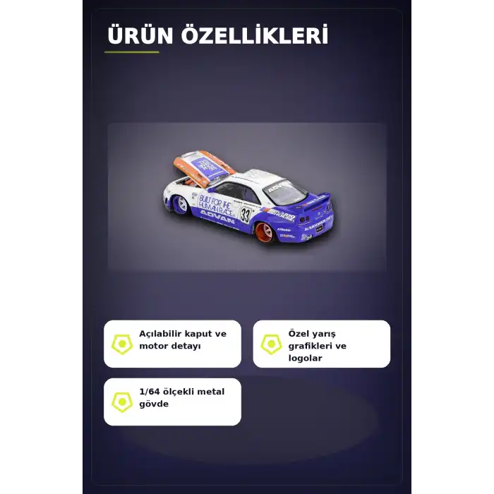 Özel Boya Kaplamalı 1/64 Ölçek Nissan Skyline GT-R R33 Diecast Model Araba BX-313372