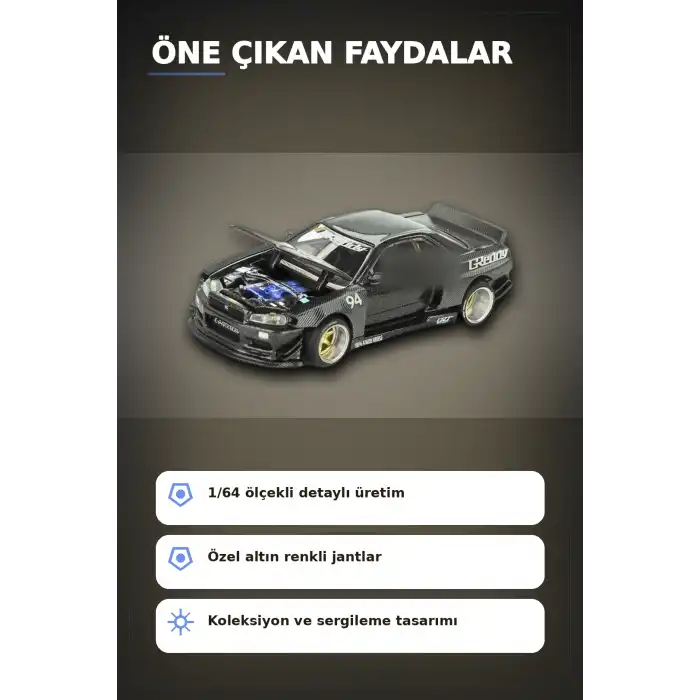 GReddy V2 1/64 Diecast Nissan Skyline GT-R R34 Kaido Works Model Araba, Koleksiyonluk BX-313373