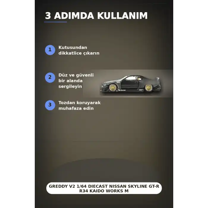 GReddy V2 1/64 Diecast Nissan Skyline GT-R R34 Kaido Works Model Araba, Koleksiyonluk BX-313373