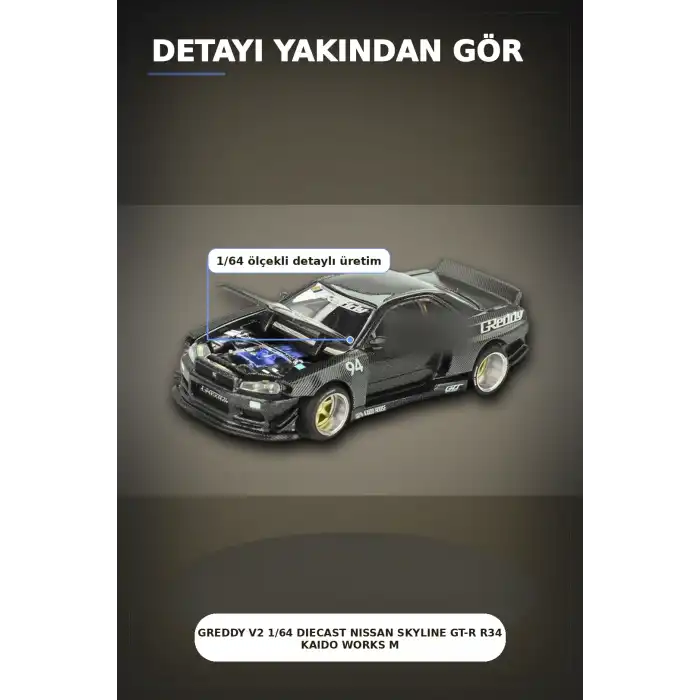GReddy V2 1/64 Diecast Nissan Skyline GT-R R34 Kaido Works Model Araba, Koleksiyonluk BX-313373