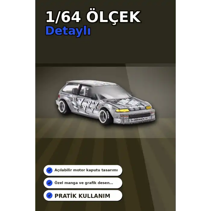 Manga Desenli 1/64 Ölçek Diecast Honda Civic EF Model Araba - Tekli Rastgele Paket BX-313375
