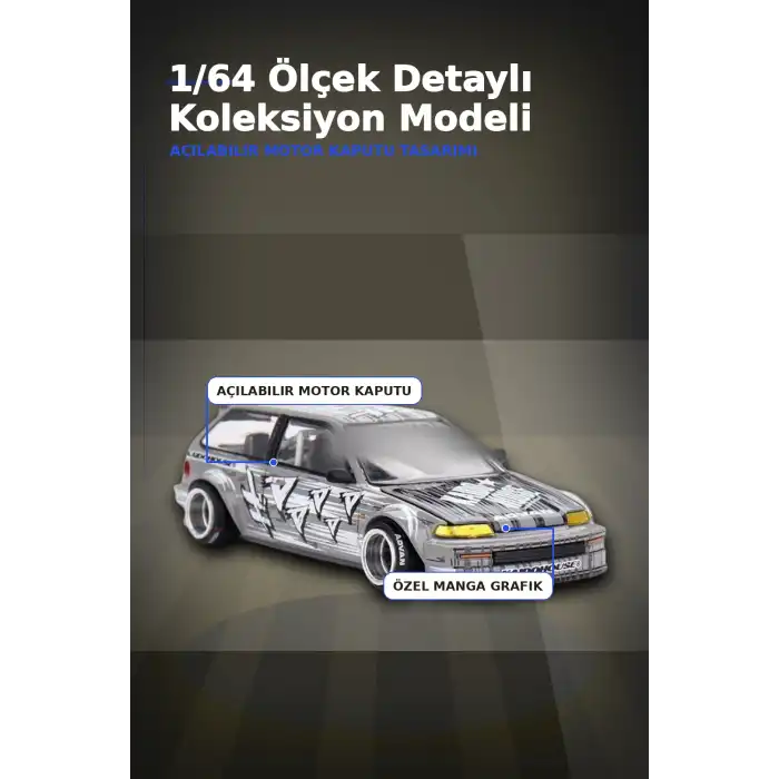 Manga Desenli 1/64 Ölçek Diecast Honda Civic EF Model Araba - Tekli Rastgele Paket BX-313375