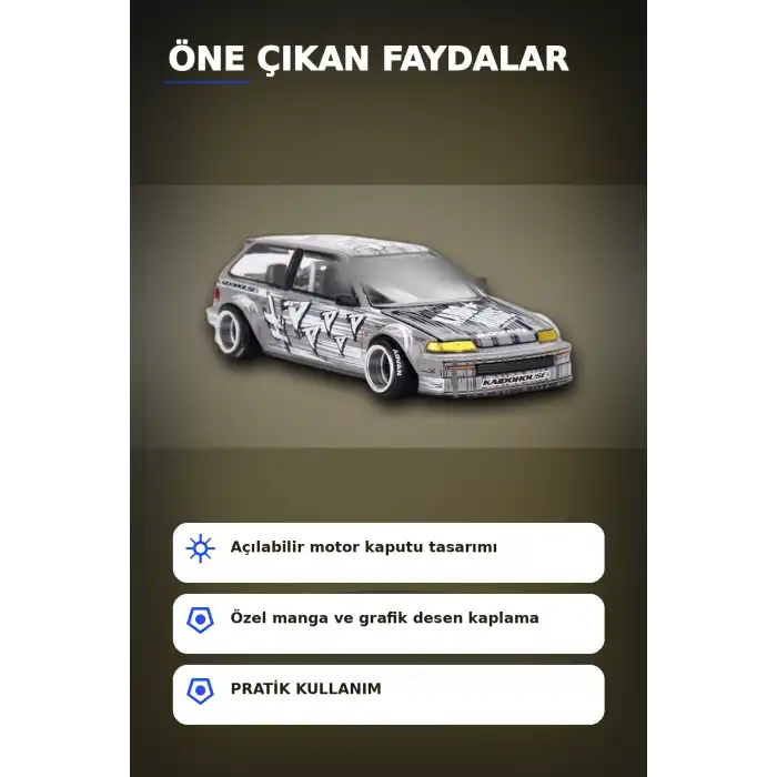 Manga Desenli 1/64 Ölçek Diecast Honda Civic EF Model Araba - Tekli Rastgele Paket BX-313375