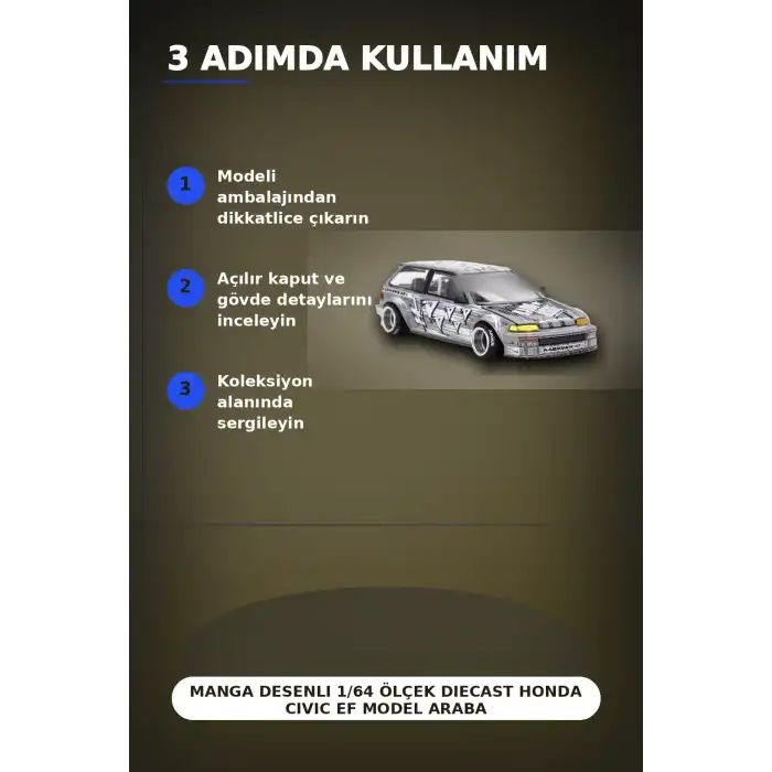 Manga Desenli 1/64 Ölçek Diecast Honda Civic EF Model Araba - Tekli Rastgele Paket BX-313375