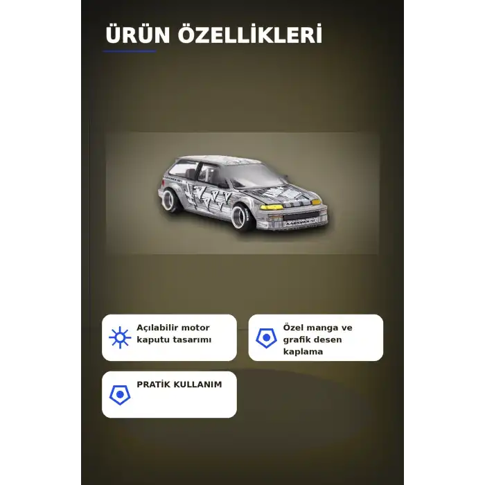 Manga Desenli 1/64 Ölçek Diecast Honda Civic EF Model Araba - Tekli Rastgele Paket BX-313375
