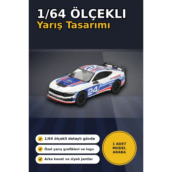 Detaylı 1/64 Ölçekli Ford Mustang Dark Horse Yarış Arabası Modeli - #24 Takım Aracı BX-313380