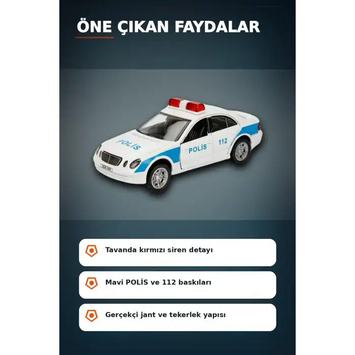 Sesli Işıklı 1:32 Ölçek Polis Arabası - AG13 Pilli Çocuk Oyuncağı, 12 cm BX-313389