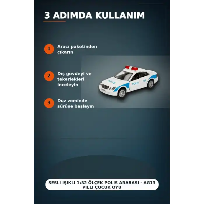 Sesli Işıklı 1:32 Ölçek Polis Arabası - AG13 Pilli Çocuk Oyuncağı, 12 cm BX-313389