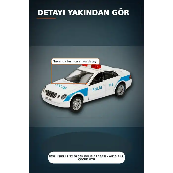 Sesli Işıklı 1:32 Ölçek Polis Arabası - AG13 Pilli Çocuk Oyuncağı, 12 cm BX-313389