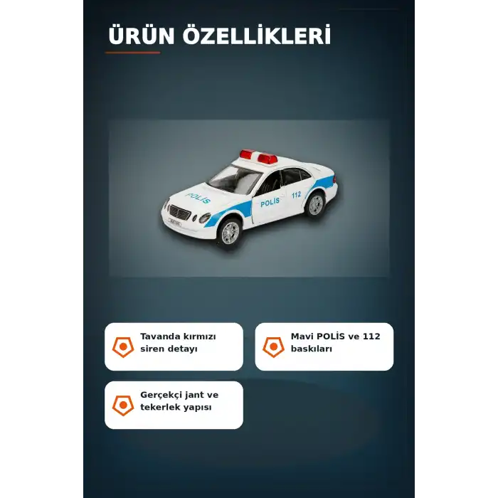 Sesli Işıklı 1:32 Ölçek Polis Arabası - AG13 Pilli Çocuk Oyuncağı, 12 cm BX-313389