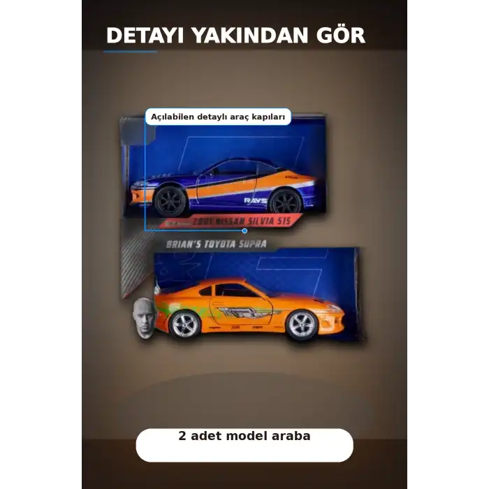 Die-Cast Metal 1:32 13 cm 2001 Nissan Silvia S15 ve Toyota Supra Araba Seti BX-313394