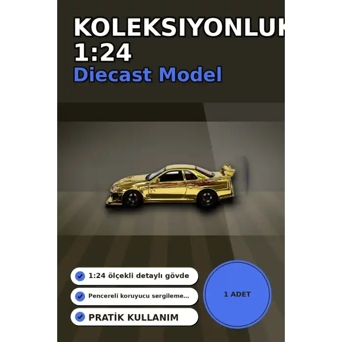 Diecast Metal 1/24 R34 GTR Model Araba - 14 Yaş ve Üzeri Koleksiyon İçin Tekli Paket BX-313407
