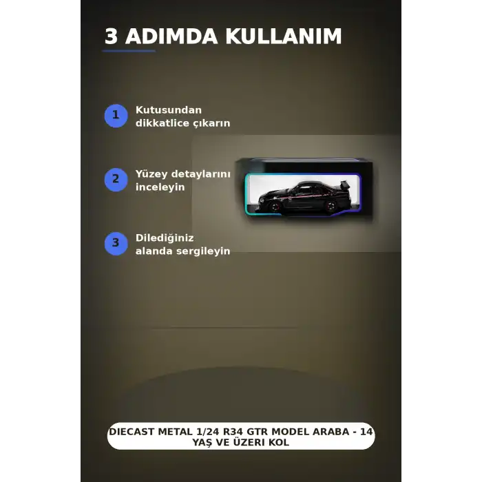 Diecast Metal 1/24 R34 GTR Model Araba - 14 Yaş ve Üzeri Koleksiyon İçin Tekli Paket BX-313407
