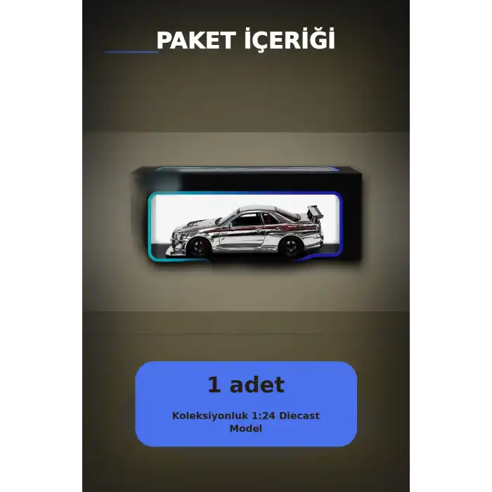 Diecast Metal 1/24 R34 GTR Model Araba - 14 Yaş ve Üzeri Koleksiyon İçin Tekli Paket BX-313407