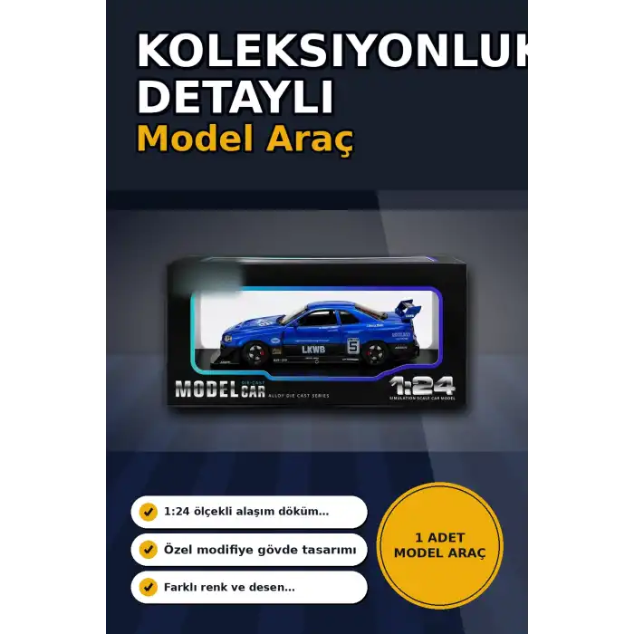 Detaylı 1/24 Ölçek R34 Modifiye Spor Model Araç - Tek Renk Seçimli, Koleksiyonluk Oyunca BX-313408