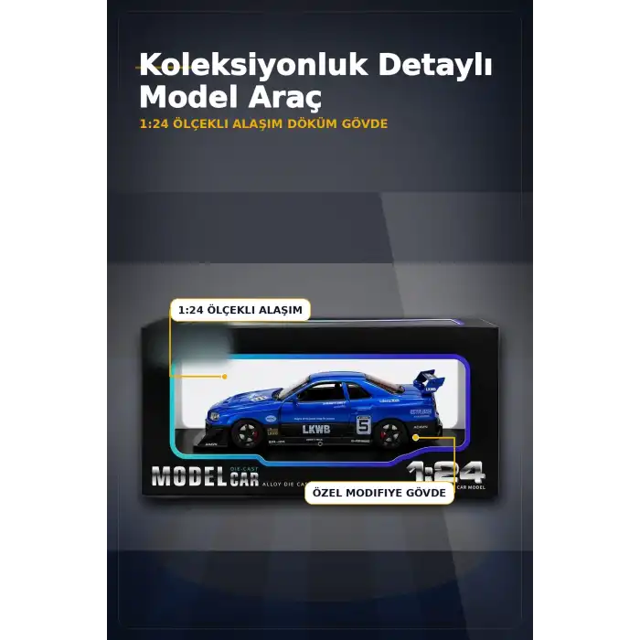 Detaylı 1/24 Ölçek R34 Modifiye Spor Model Araç - Tek Renk Seçimli, Koleksiyonluk Oyunca BX-313408