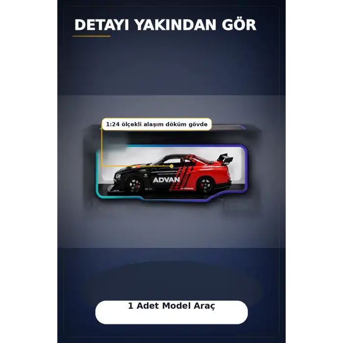 Detaylı 1/24 Ölçek R34 Modifiye Spor Model Araç - Tek Renk Seçimli, Koleksiyonluk Oyunca BX-313408