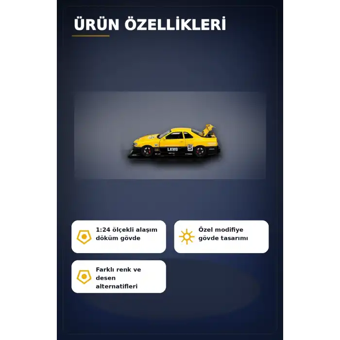 Detaylı 1/24 Ölçek R34 Modifiye Spor Model Araç - Tek Renk Seçimli, Koleksiyonluk Oyunca BX-313408