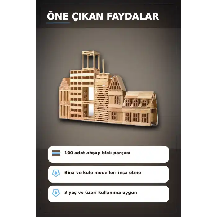 Ahşap Yapı Blokları 100 Parça 11x2,2x0,7 cm Doğal ve Boyalı Çocuk Gelişim BX-313414