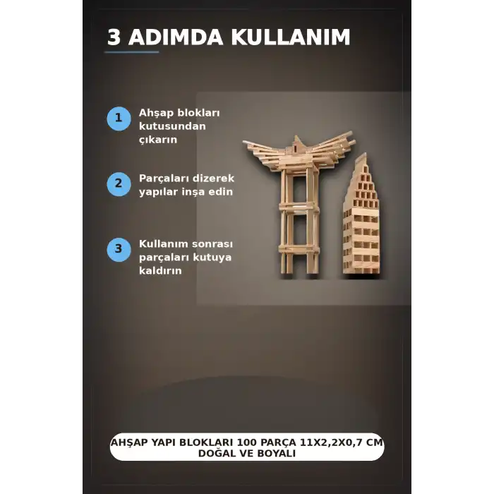 Ahşap Yapı Blokları 100 Parça 11x2,2x0,7 cm Doğal ve Boyalı Çocuk Gelişim BX-313414
