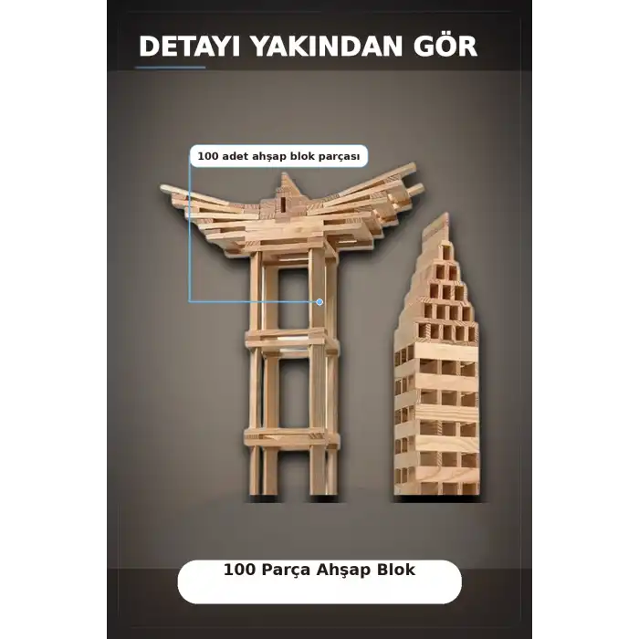 Ahşap Yapı Blokları 100 Parça 11x2,2x0,7 cm Doğal ve Boyalı Çocuk Gelişim BX-313414