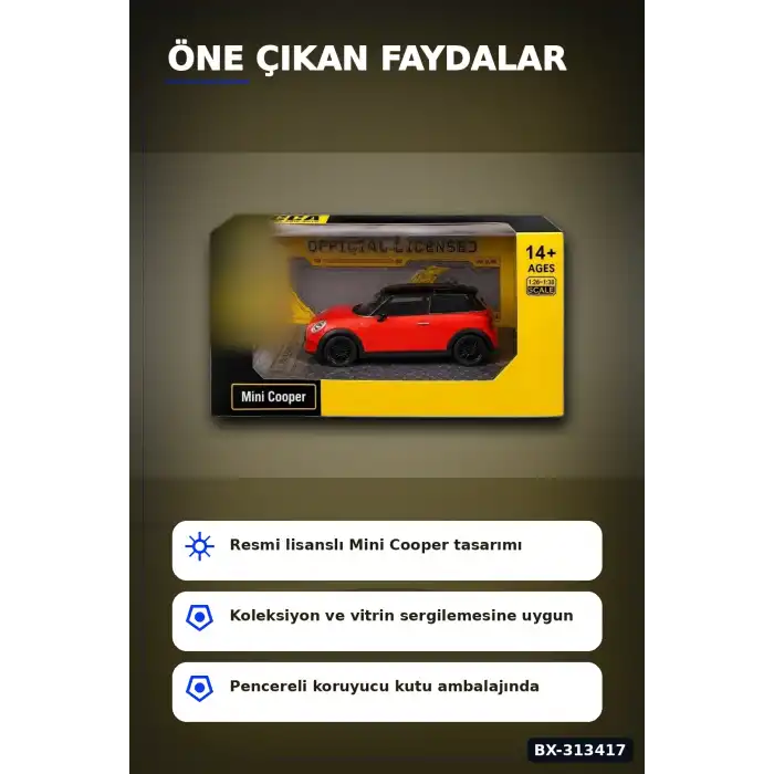 Açık Kırmızı 1/32 Mini Cooper Model Araba Koleksiyonluk Vitrin Oyuncak - Tekli BX-313417